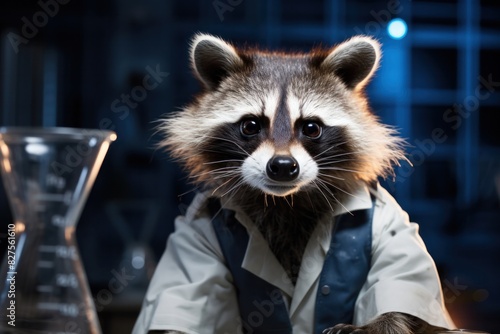 Funny raccoon scientist in a laboratory. © vlntn