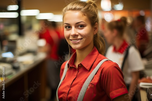 A supermarket worker in a uniform, a portrait of a girl worker at the enterprise.