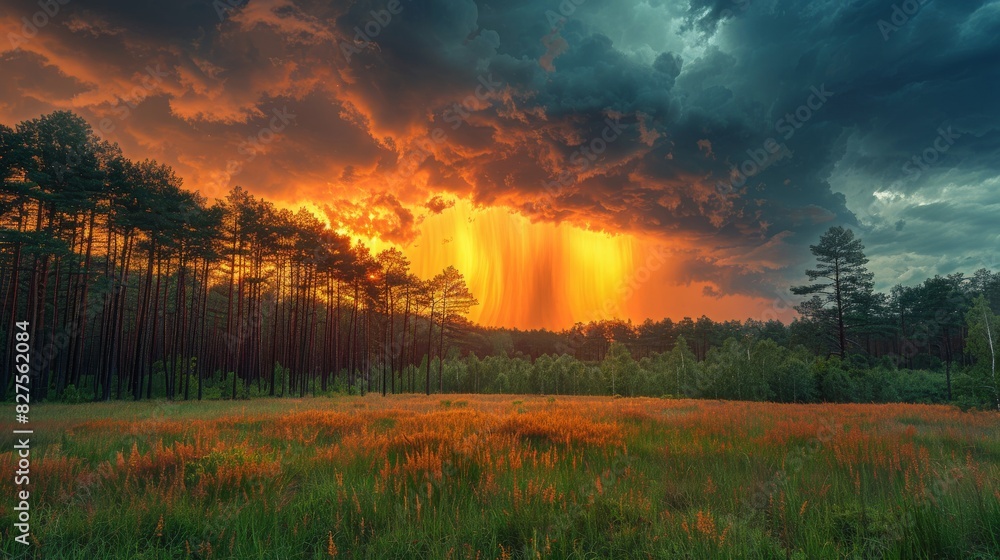 Fototapeta premium Dynamic image of a storm approaching a forest, emphasizing nature's power and growth response