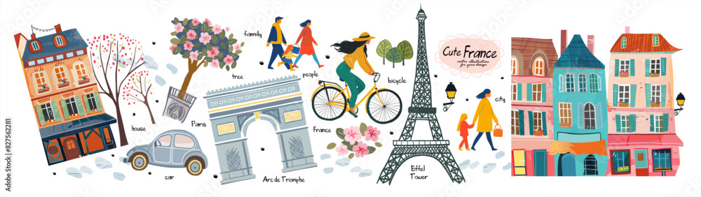France and Paris. Vector cute illustrations of Eiffel tower, alleys, street, house, park, woman on bicycle, triumphal arch, car, people, family for card, poster or background France and Paris. Vector cute illustrations of Eiffel tower, alleys, street, house, park, woman on bicycle, triumphal arch, car, people, family for card, poster or background