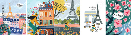 France and Paris. Travel.Vector cute illustrations of Eiffel tower, alleys, street, house, park, woman on bicycle, triumphal arch, alley, cherry or apple flowers on tree for card, poster or background