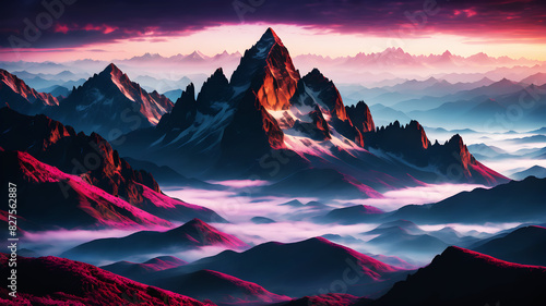 A breathtaking view of a mountain range with the first light of dawn illuminating the peaks. The sky is painted with hues of pink, orange, and purple, while a layer of mist covers the valleys below. T #827562887
