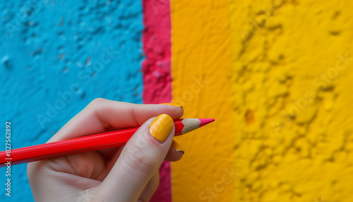 Vivid image capturing a left-handed individual holding a red pencil against a vibrant blue, pink, and yellow backdrop, celebrating international left-handers day with color and creativity photo