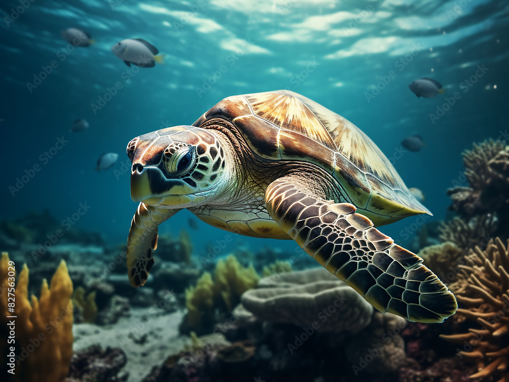 Obraz premium Beneath the ocean's surface, a graceful green sea turtle glides