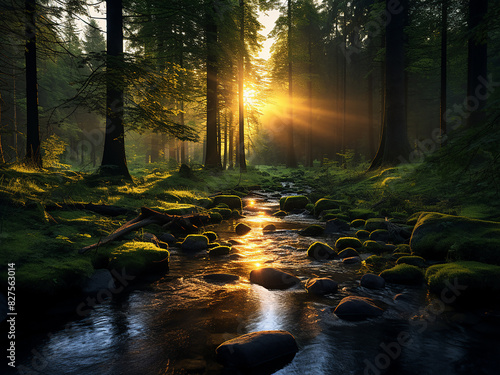 A serene forest and its babbling stream glow under the setting sun photo