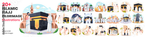 Mega Collection of Islamic Hajj Pilgrimage Illustrations. Muslim People Perform Hajj and Umrah. Muslim Hajj Characters Wear Ihram Clothes With a Kaaba Background