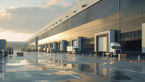 A large warehouse with many trucks and a lot of boxes by AI generated image