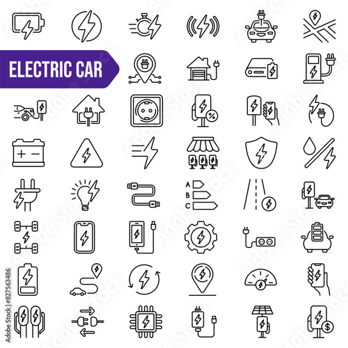 Electric car icons set. Charging signs set. Linear style. Vector illustration.