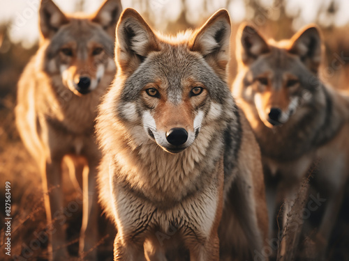 Capture a detailed view of a pack of coyotes in the wild