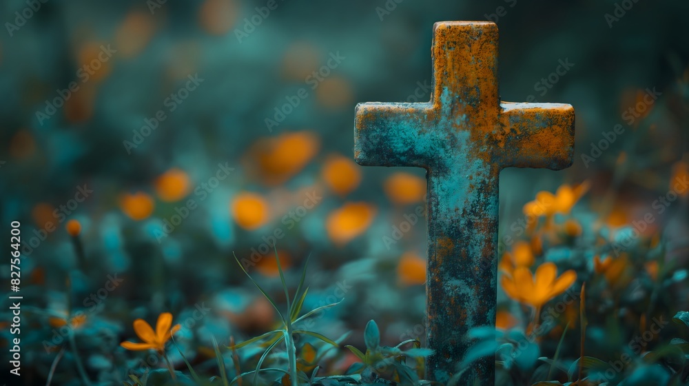 Rusted cross amidst wildflowers in a meadow Rusted cross amidst wildflowers in a meadow