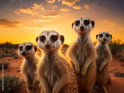 Meerkats stand together, silhouetted against the sunset