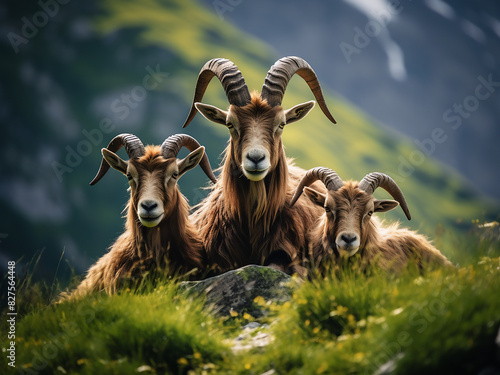 Italian Alps' green meadows provide respite for three mountain goats photo