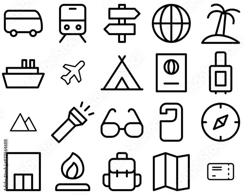 Set Of Linear Travel Line Icons Collection Isolated Silhouette Solid Icons Including Travel,Camp,Flight,Direction Set Vector Flat Line Icons
