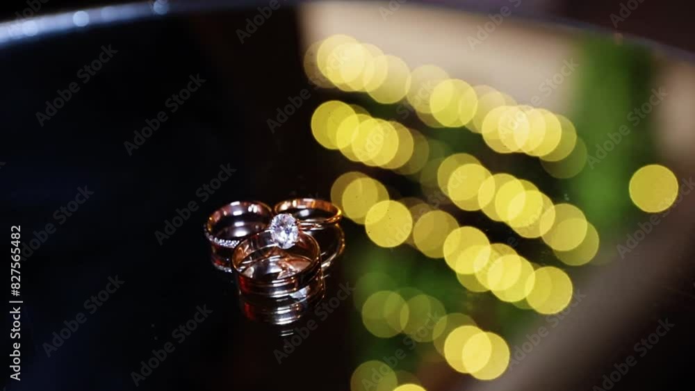 two golden wedding rings and engagement ring sitting on a reflective surface with decorative lights being reflected on the mirror. Jewelry for couples. Slow Motion two golden wedding rings and engagement ring sitting on a reflective surface with decorative lights being reflected on the mirror. Jewelry for couples. Slow Motion