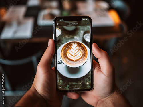 Hands capture a coffee moment with a smartphone camera photo