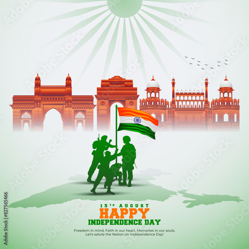15th August Happy Independence Day of India social media post with Famous monuments, background