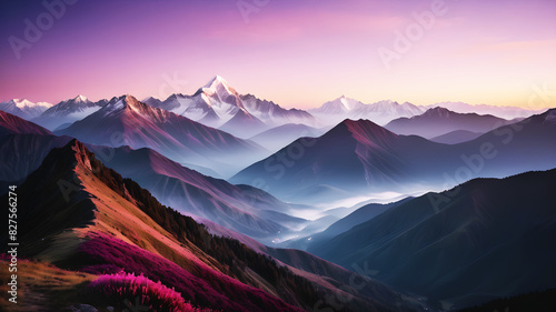 A breathtaking view of a mountain range with the first light of dawn illuminating the peaks. The sky is painted with hues of pink  orange  and purple  while a layer of mist covers the valleys below. T