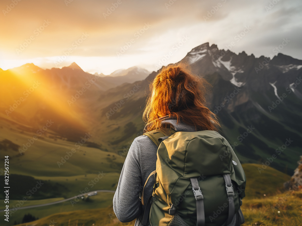 A vibrant backpack-clad hipster girl basks in the sunset's warmth atop mist-covered mountains