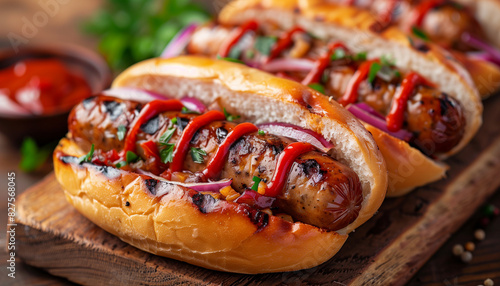 Celebrate national bratwurst day with this mouthwatering image of grilled bratwursts in buns, topped with onions, herbs, and condiments, perfect for a fun barbecue celebration