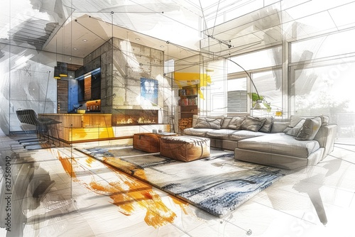 .Linear sketch watercolor and pen of an interior. Room plan. interior Outline sketch drawing perspective.