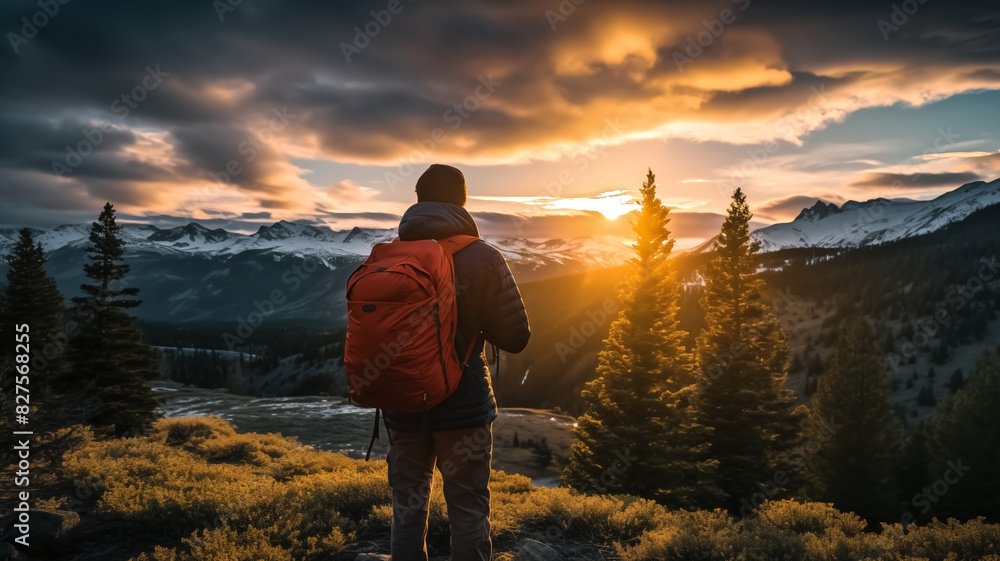 Man with a backpack standing on a mountain overlooking a sunset with snow-capped peaks. Adventure and exploration concept. Outdoor photography for travel and lifestyle design Man with a backpack standing on a mountain overlooking a sunset with snow-capped peaks. Adventure and exploration concept. Outdoor photography for travel and lifestyle design