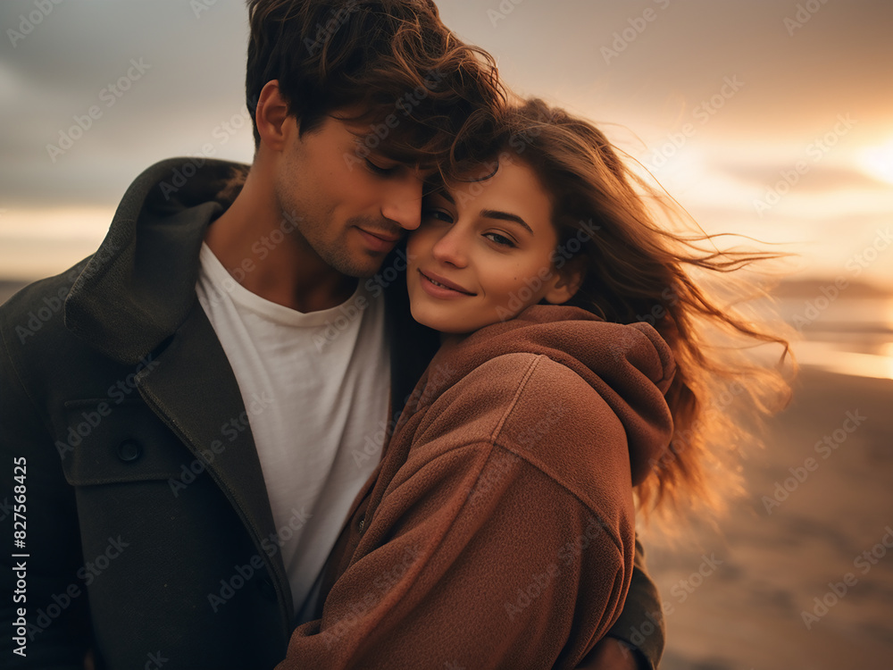 Affectionate couple enjoys seaside hug under sun Affectionate couple enjoys seaside hug under sun
