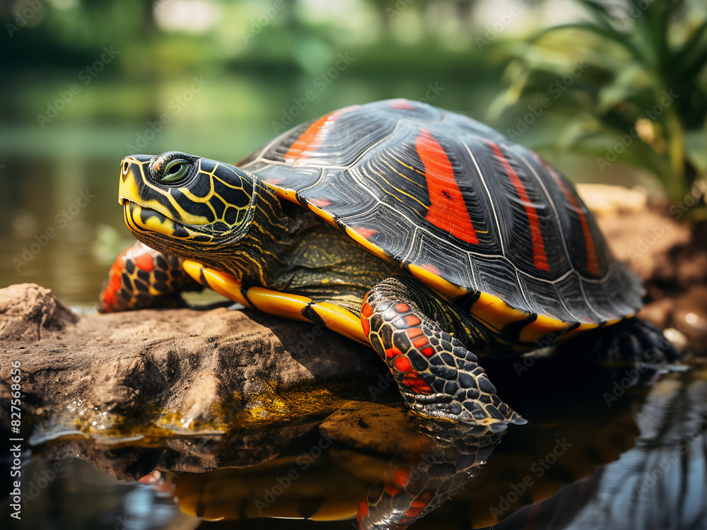 Serene pond provides solitary habitat for red-eared slider turtle