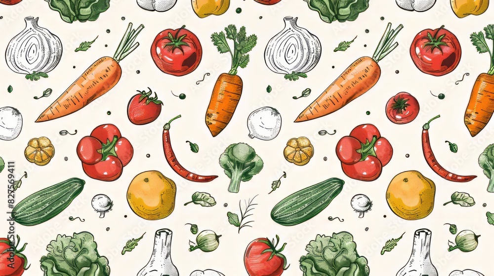 Hand drawn vegetables and fruits patterned background illustration Hand drawn vegetables and fruits patterned background illustration