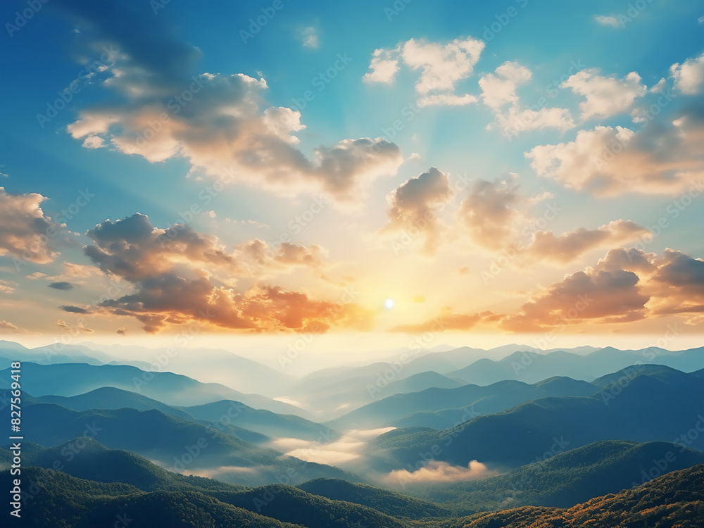 Blue skies and fluffy clouds frame a mountain sunrise, perfect for summer vacations Blue skies and fluffy clouds frame a mountain sunrise, perfect for summer vacations