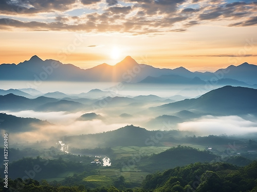 Vintage-filtered sunrise paints the mountain views at Yun Lai Viewpoint  Thailand