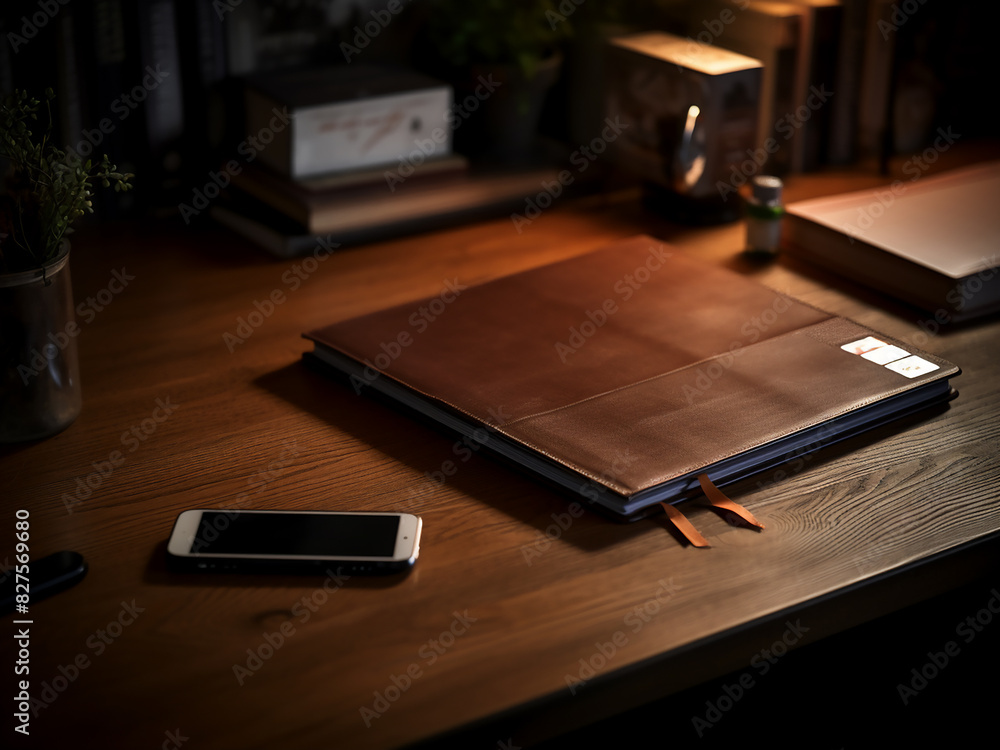 Brown desk laptop, diary, keyboard Brown desk laptop, diary, keyboard