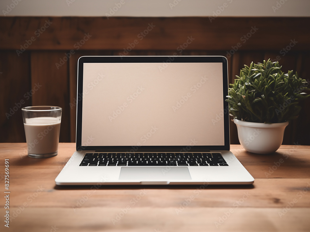 Fototapeta premium Desk arrangement laptop, stationery; wooden backdrop