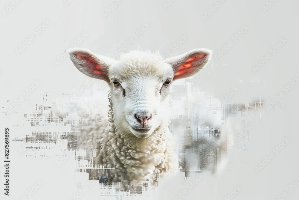Fototapeta premium Close-up of a cute white sheep with red ears. Perfect for farm, livestock, and animal-related content.