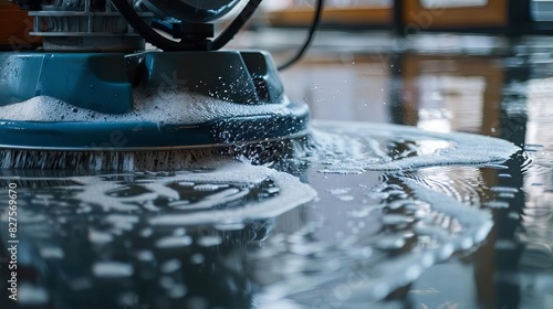industrial scrubber machine cleaning concrete floor with splashing water and soap bubbles macro photography photo