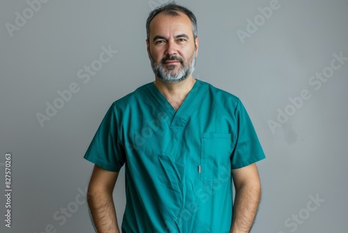 Confident elder surgeon in teal scrubs, symbolizing experience and surgical precision