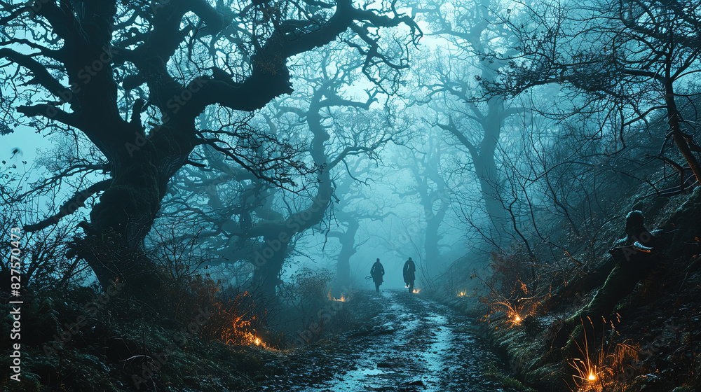 Haunted Forest Wicked Trees Below Dusk Pathway Foggy Landscape Background Haunted Forest Wicked Trees Below Dusk Pathway Foggy Landscape Background