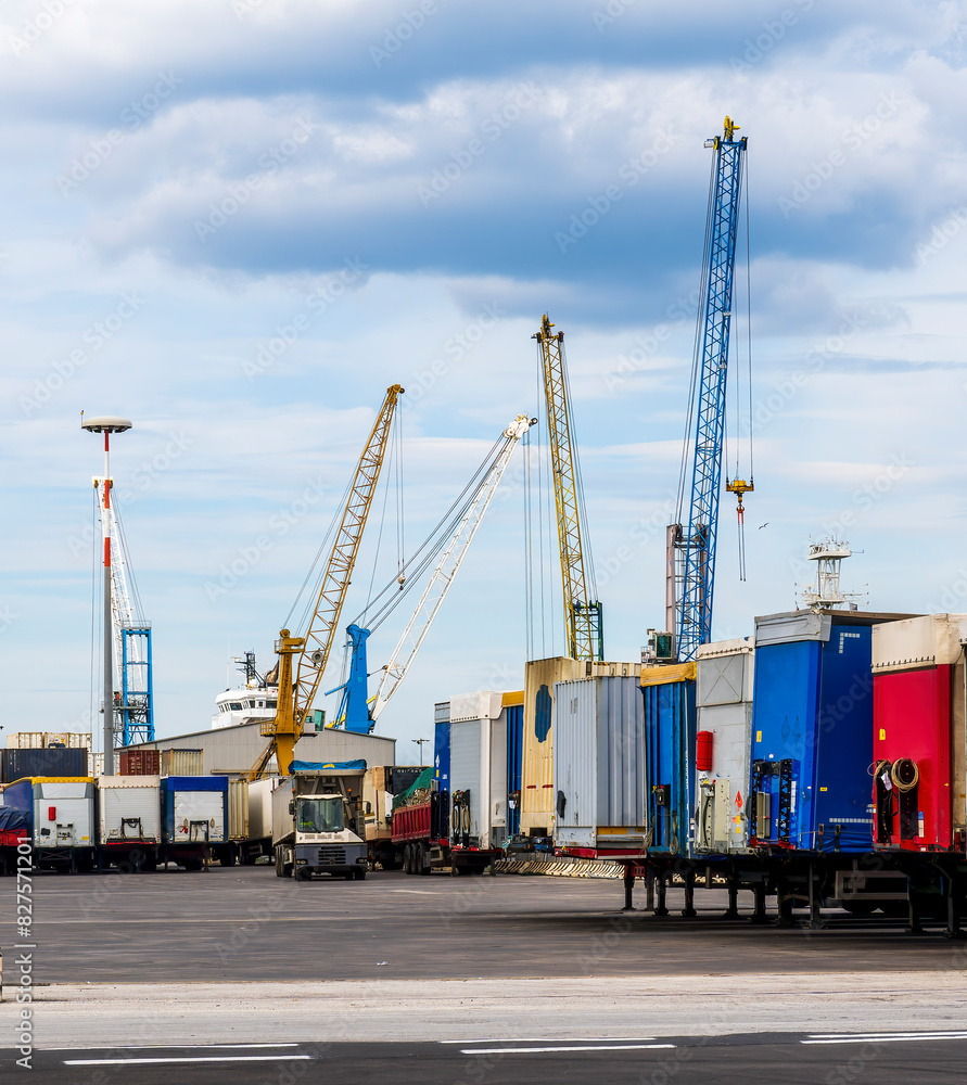 cargo sea port with cranes, container stacks and trucks with goods, sea hub terminal from seashore cargo sea port with cranes, container stacks and trucks with goods, sea hub terminal from seashore