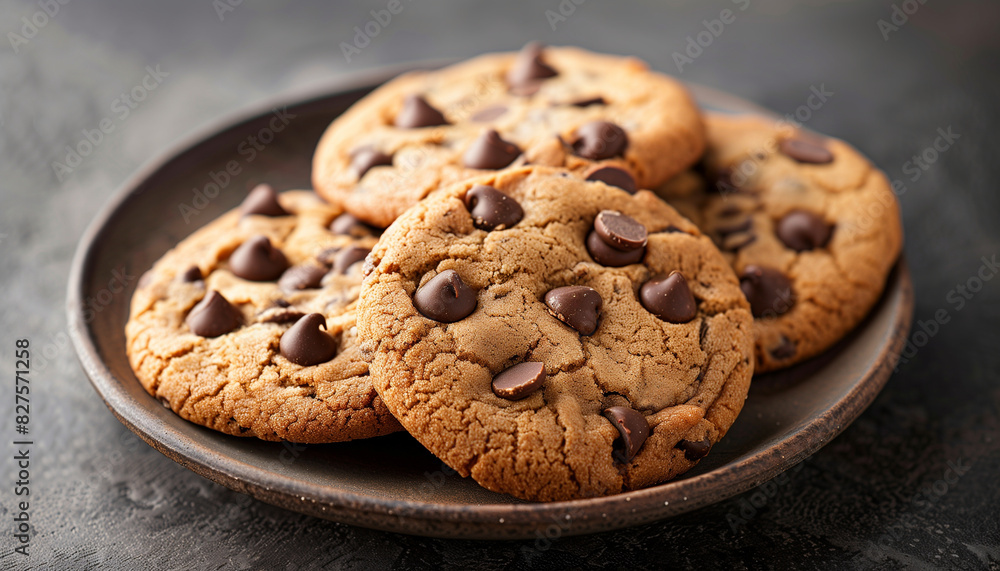Close-up of freshly baked chocolate chip cookies on a dark plate, with a blurred dark background enhancing the homemade dessert's appeal Close-up of freshly baked chocolate chip cookies on a dark plate, with a blurred dark background enhancing the homemade dessert's appeal