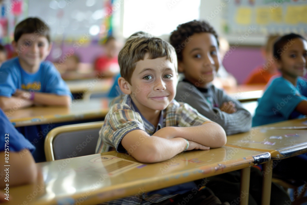 Smiling Schoolchildren Sitting at Desks in Classroom Smiling Schoolchildren Sitting at Desks in Classroom