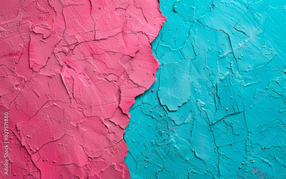 Close-up of a textured wall with vibrant pink and turquoise paint, creating a bold and colorful abstract background. Close-up of a textured wall with vibrant pink and turquoise paint, creating a bold and colorful abstract background.