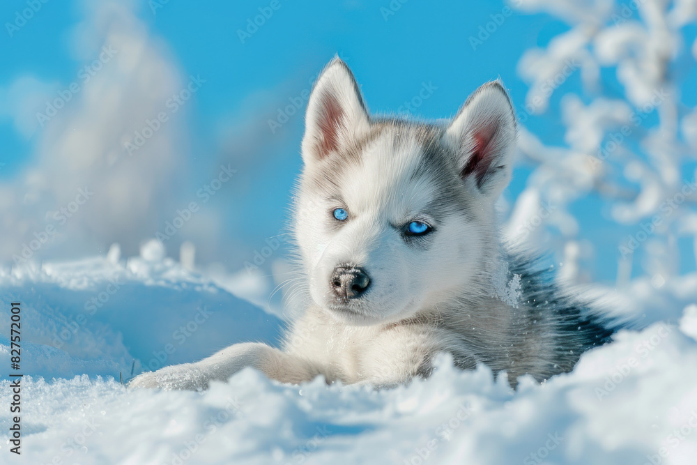 A young Siberian Husky puppy with striking blue eyes lies in the snow, surrounded by a bright, wintry landscape. The scene captures the playful innocence and beauty of the puppy against a crisp