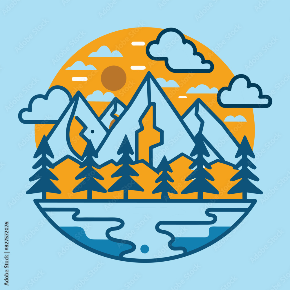Fototapeta premium Mountains, Pine Trees, Sun, Clouds, and Lake in a Circular Design
