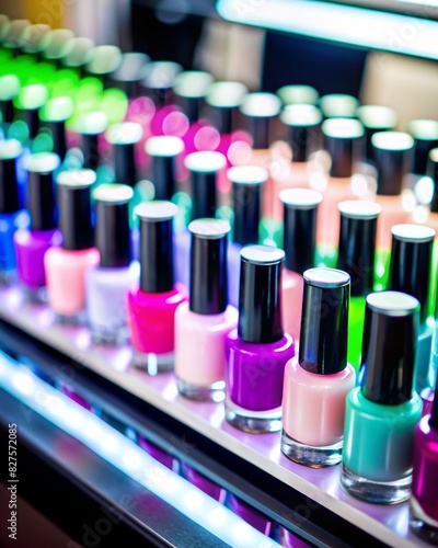 A captivating display of nail polish bottles in a cosmetics store. The stand, filled with a vibrant array of colors, offers a multitude of choices for beauty enthusiasts. 