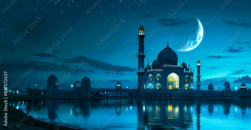 Naklejka premium An illustration shows an amazing mosque with intricate architecture at night with star and moon. Spiritual value of mosque architecture in Muslim traditions. Generative AI.