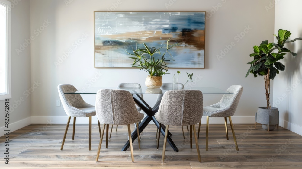 A dining area with a glass table,  simple chairs,  and a single piece of art