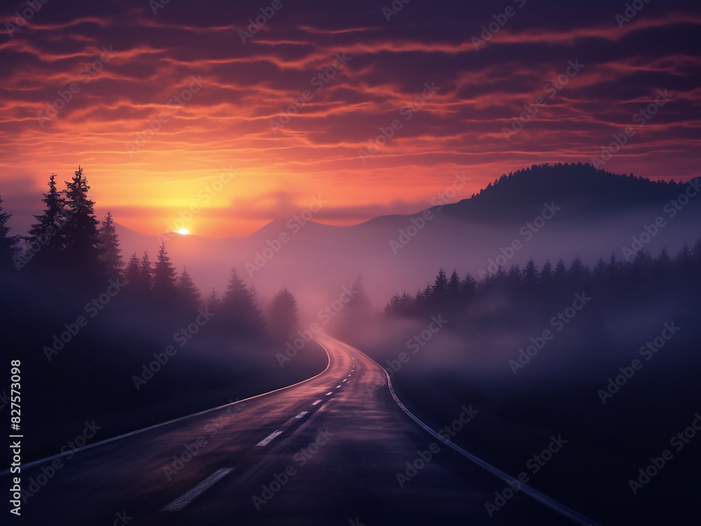 AI creates a fog-shrouded road at sunrise, cloaked in mystery
