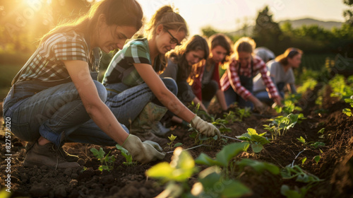 Volunteers work together planting seedlings in community garden at sunset