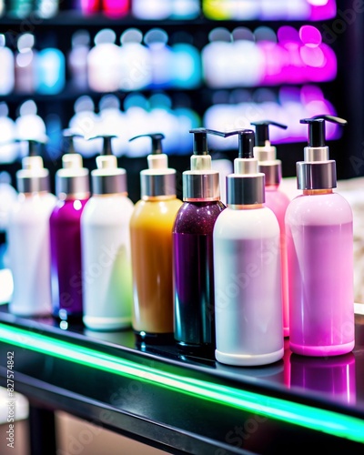 A captivating array of hair care cosmetics elegantly displayed on a store shelf. The collection, featuring various bottles of different sizes and designs. photo