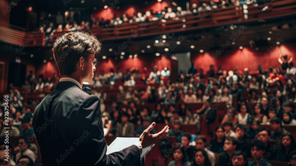 Rear view of a speaker addressing a packed auditorium with attentive listeners