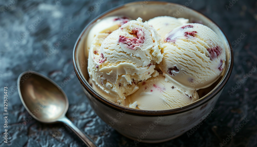 Celebrating national ice cream day, a close-up image featuring creamy vanilla scoops with swirls of berry jam in a rustic ceramic bowl, served with a vintage spoon Celebrating national ice cream day, a close-up image featuring creamy vanilla scoops with swirls of berry jam in a rustic ceramic bowl, served with a vintage spoon